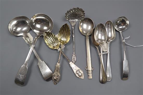 A pair of American sterling silver preserve spoons, a George III Scottish sauce ladle, a Victorian sifter ladle and three teaspoons etc